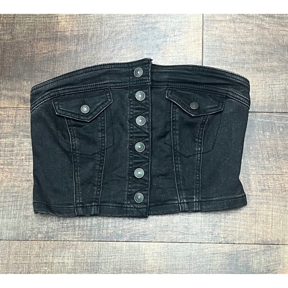 American Eagle Black Denim Strapless Tube Top Button Front Crop Bustier Small S